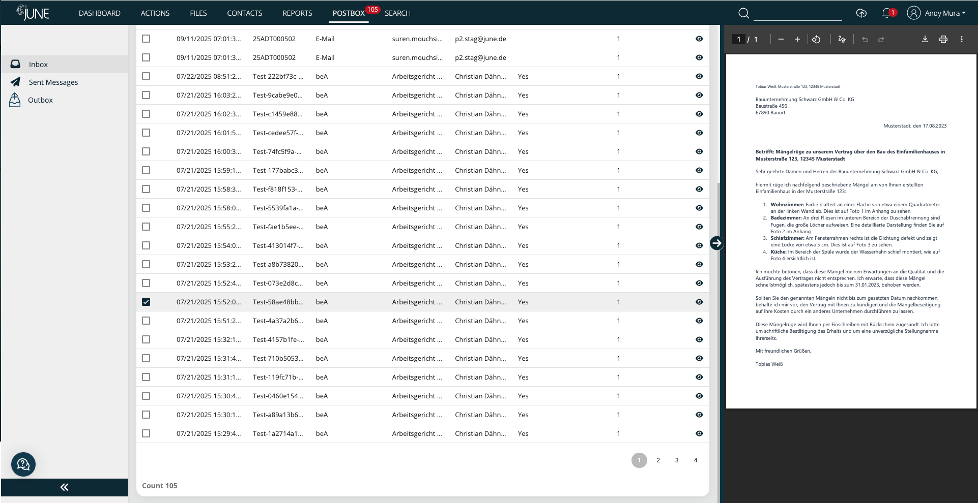 Screenshot Inbox JUNE legal case management